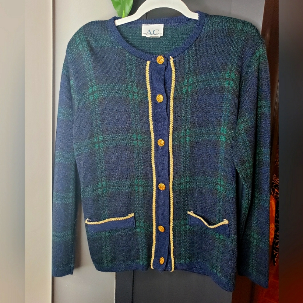 Vintage American collection blue green plaid gold detail cardigan medium